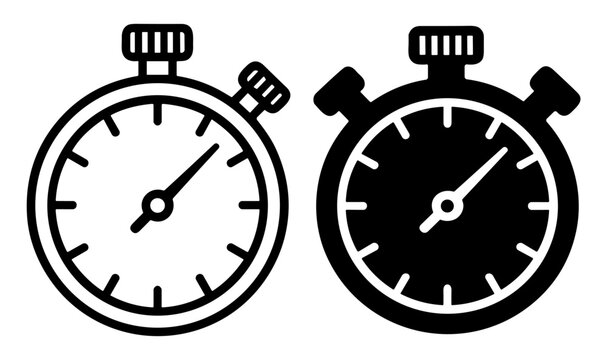 Black and white stopwatch icons with detailed and bold styles for timer and measurement illustration on transparent background