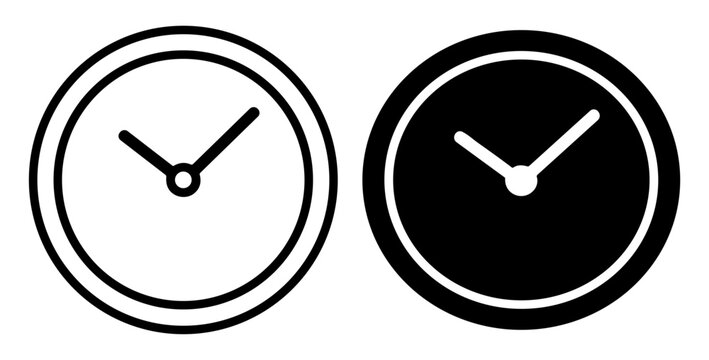 Black and white clock icons showing different time settings in simple design on transparent background