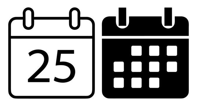 Simple black and white calendar icons featuring date 25 and grid calendar design on transparent background
