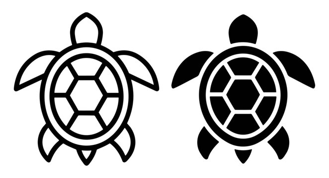 Black and white simple turtle icons with shell pattern, outline and solid style on transparent background