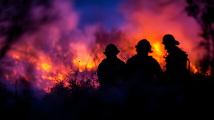 Fototapeta premium Firefighters stand silhouetted against towering orange flames and thick smoke during a controlled training burn at dusk.