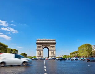 arc de triomphe framed by clear blue sky and bustling traffic in spring