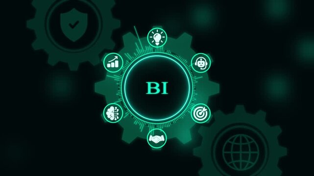 Business intelligence bi concept with digital gear infographic animation and data analytics digital transformation