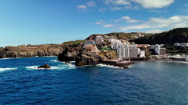 Drone approach over Atlantic Ocean to San Juan de la Rambla, Tenerife