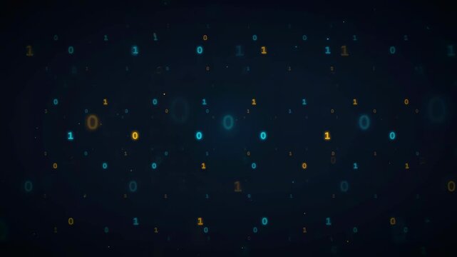 Abstract digital binary code stream with glowing blue and orange numbers on dark background