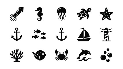 Set of nautical and marine life icons in black silhouette style. © Alvina