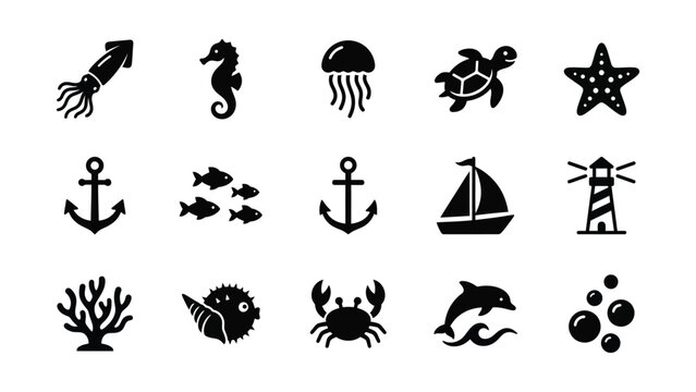 Set of nautical and marine life icons in black silhouette style.