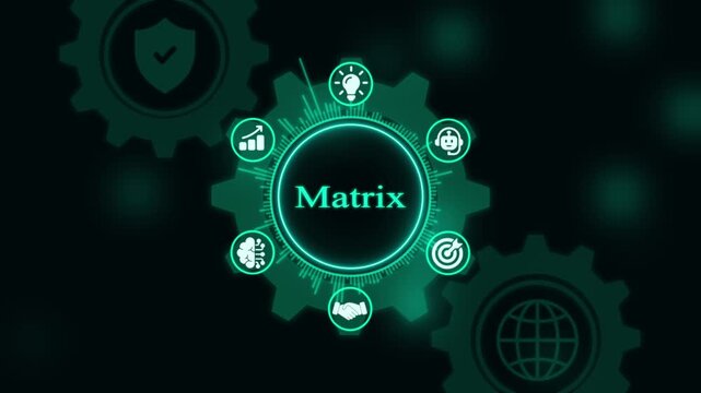 Digital matrix business strategy infographic with rotating gear and technology network connectivity animation