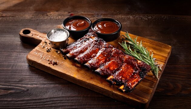 sizzling bbq ribs on wooden board