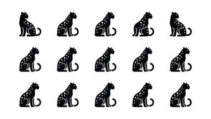 Set of repeating black silhouette illustrations of spotted wild cats sitting. © Alvina
