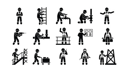 Set of black silhouette stick figure industrial worker icons. © Kasut