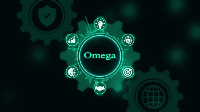 Digital omega business strategy infographic with rotating gears and tech futuristic corporate technology motion background