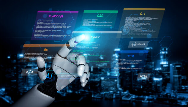 A futuristic robotic hand interacts with a digital coding interface showcasing multiple programming languages against a vibrant night city skyline, symbolizing technological advancement. Cyphers