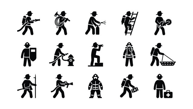 Firefighter and Emergency Rescue Personnel Vector Icons Set.