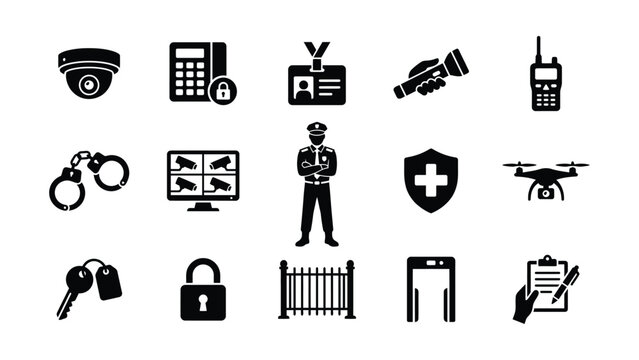 Set of security and surveillance icons in black and white.
