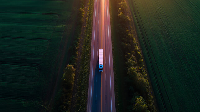 Overhead aerial shot of a single semi truck travelling down a tree lined highway through dark green fields lit by warm sunset glow