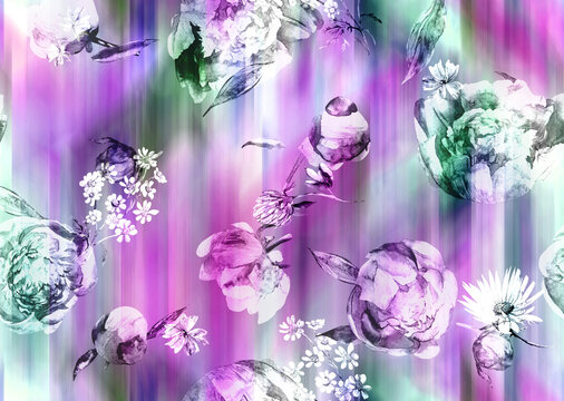 Seamless textile pattern with peonies on a blur background. Eclecticism, realistic flowers, and digital drawing for textiles and design.