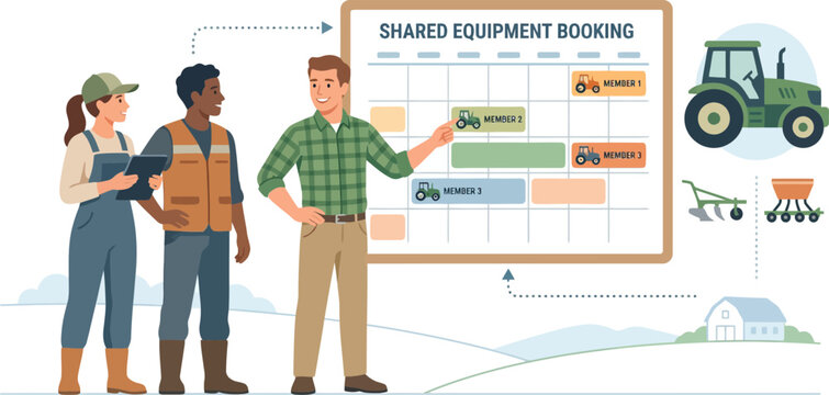Three people discuss shared equipment booking plan on chartboard near tractor