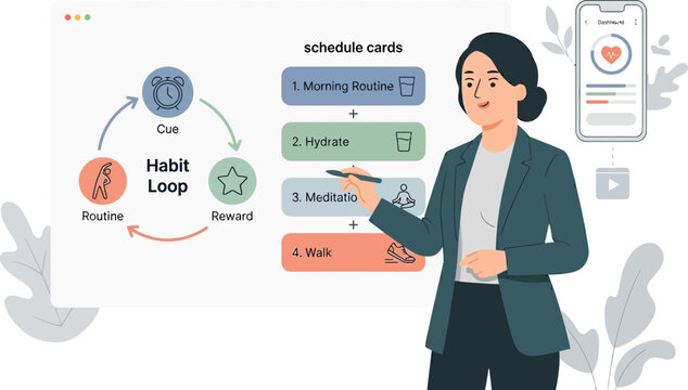 Woman explains habit loop routine on schedule cards with illustrations