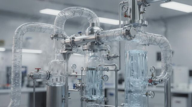 Close medium shot focusing on distillation and condenser units in a cyclic solvent recovery loop showcasing advanced technology for reducing chemical waste sustainably.