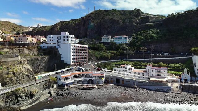 Aerial drone reveal of San Juan de la Rambla and Mount Teide, Tenerife