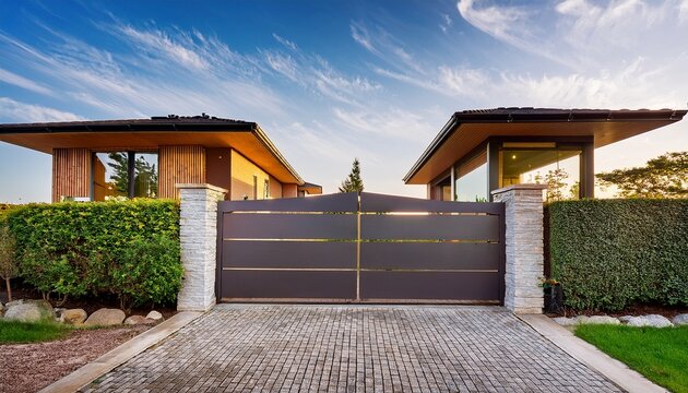 a main gate with a pivoting mechanism that opens outward in a sweeping motion creating a dramatic and welcoming entrance to the modern house in