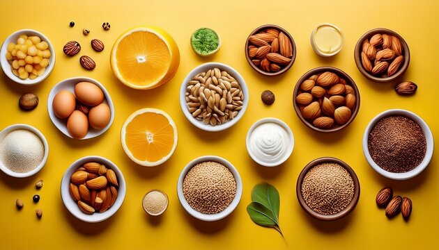 common food allergens design on plain yellow background