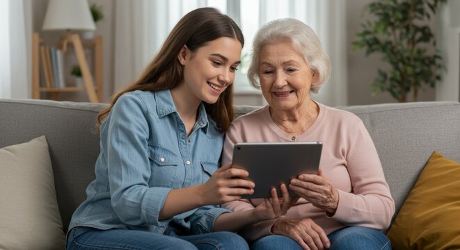 Smiling young woman and senior woman using digital tablet on sofa at home. Family generation connecting with technology.