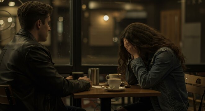 A man sitting across from a woman who is hiding her face with her hands, appearing distressed. Relationship problems concept.