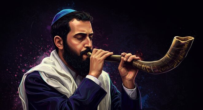 Jewish man wearing a yarmulke and tallit prayer shawl blowing a shofar, a ram's horn, concept for Rosh Hashanah.
