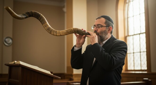Jewish man blowing shofar during religious ceremony in synagogue. Traditional ritual for Rosh Hashanah or Yom Kippur holiday.