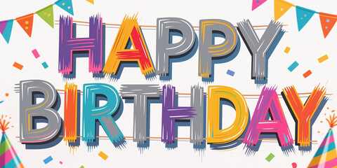 Fototapeta premium Vibrant digital illustration for birthday, featuring colorful letters with brush strokes, surrounded by confetti and bunting flags on white background, perfect for festive greeting cards.