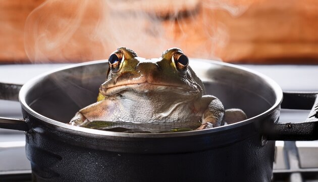 frog relaxing in a pot of hot heating water on the stove