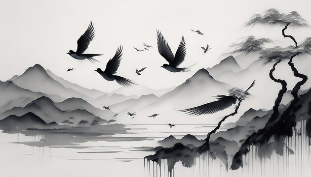 birds in flight sumi e ink wash painting minimalist asian art style