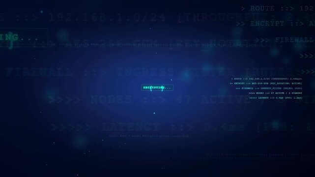 Abstract Digital Data Stream with Scrolling Code and Network Interface on Dark Blue Background