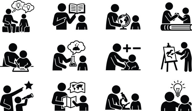 Education Icons: Teacher and Student Learning Together in Various Subjects