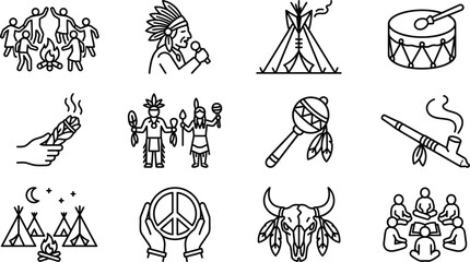 Native American Culture Icons Set: Tribal Life, Ceremony, Symbols © nami8