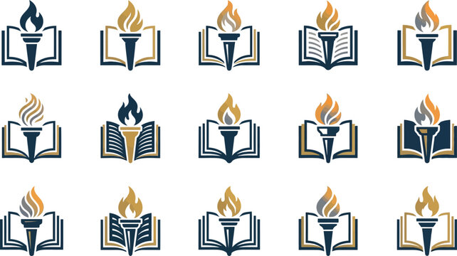 Open Book and Torch Logos - Education, Knowledge, Wisdom, Inspiration, Learning