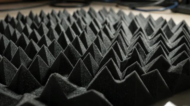 Closeup medium shot of acoustic foam wall panels in wedge shapes enhancing sound absorption and reducing echo in a professional recording studio environment.