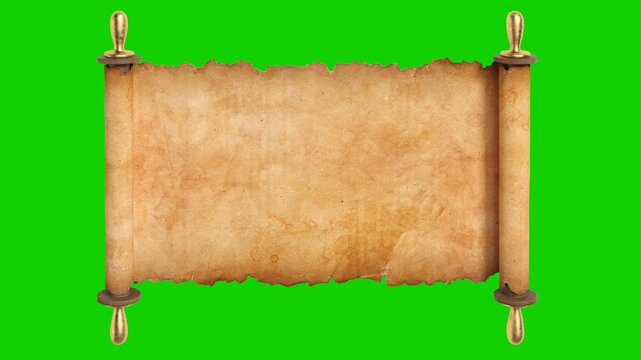 Antique parchment scroll with torn edges isolated with green chroma key