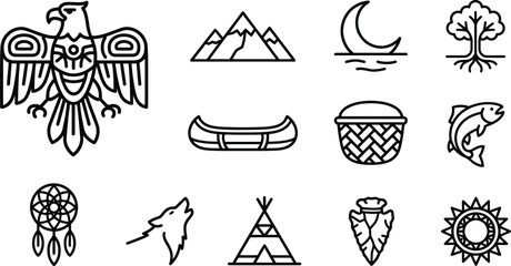 Native American Icons: Eagle, Wolf, Teepee, Dreamcatcher, Canoe, Sun, Moon, Nature © nami8