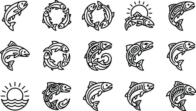 Salmon Fish Icons Set: Jumping, Swimming, Circular, and Sun Designs