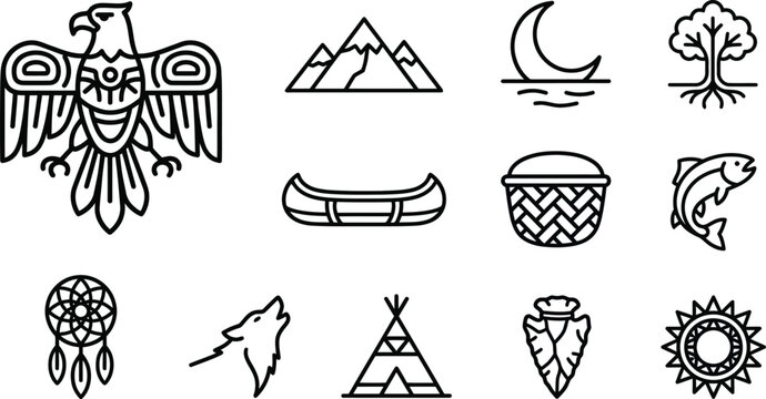 Native American Icons: Eagle, Wolf, Teepee, Dreamcatcher, Canoe, Sun, Moon, Nature