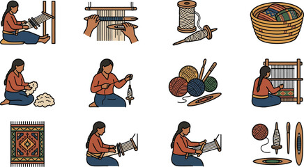 Traditional Textile Art: Weaving, Spinning, and Craftsmanship - Collection of Illustrations © nami8
