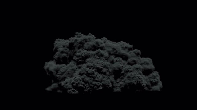 Dense black smoke cloud isolated on black background.
