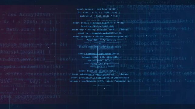 Abstract digital background with scrolling computer code and data streams in blue and purple tones