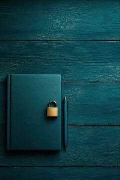 Teal notebook with pen and padlock on rustic wooden desk symbolizing private notes creativity and personal security