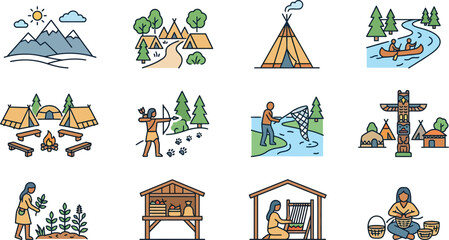 Indigenous Native American Village Life Icons: Tipi, Totem, Hunting, Fishing, Farming © nami8
