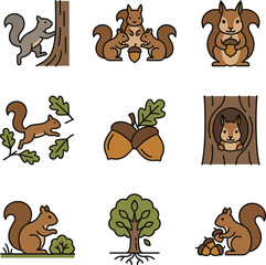 Fototapeta premium Cute Squirrel Icons: Climbing, Eating, Family, Forest Life & Autumn Elements