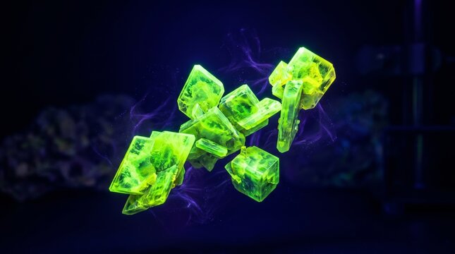 Uranium Ore Under UV Light, Vibrant Uranium Crystals Glow With Mesmerizing Hues in a Darkened Lab Setting